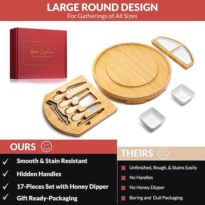 Round Cheese and Charcuterie Board Set - 13", Round Charcuterie Board, Bamboo Cheese Board and Knife Set, Beautiful Charcuterie Gift for Mom, Round Cheese Board Set, Circle Charcuterie Board Round