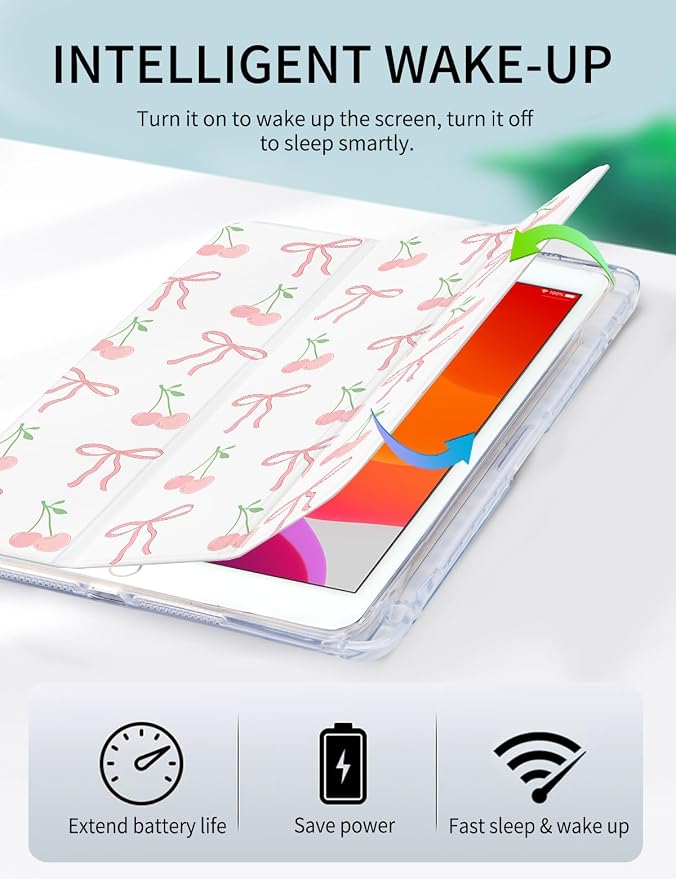 Case for iPad 9th/ 8th/ 7th Generation Case 10.2 Inch (2021/2020/2019 Release), Slim Trifold Clear Back Transparent Cover with Pencil Holder & Auto Sleep/Wake Cover,Bow Cherry Print