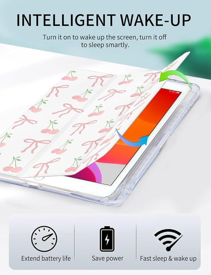 Case for iPad 9th/ 8th/ 7th Generation Case 10.2 Inch (2021/2020/2019 Release), Slim Trifold Clear Back Transparent Cover with Pencil Holder & Auto Sleep/Wake Cover,Bow Cherry Print