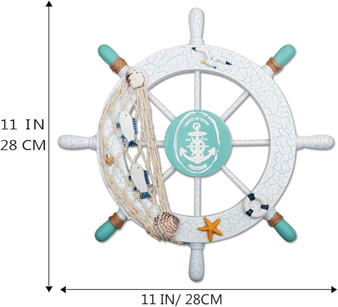 2 Pack 11" Nautical Beach Wooden Ship Wheel and 13" Wood Anchor with Rope Nautical Boat Steering Wheel Rudder Anchor Wall Decor Door Hanging Ornament Beach Theme Home Decoration(White&Green)