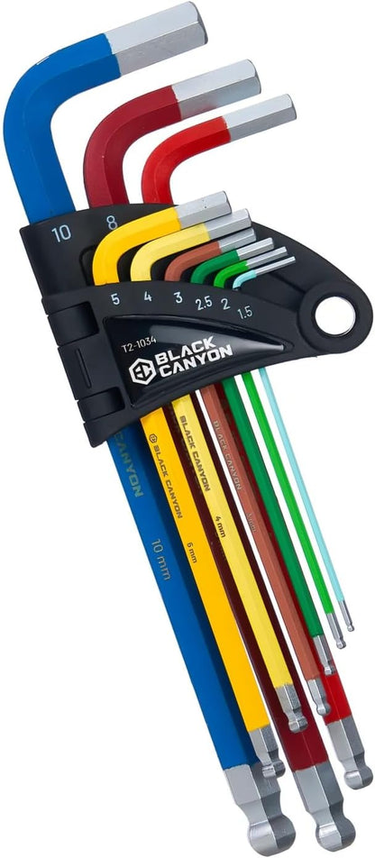 BLACK CANYON Hex Key Set, 9 pcs Metric allen key set, Ball End, 1.5 mm-10 mm, Color-Coded Handle, Chrome, High Torque Steel, L-Shape Design, for Construction, Chemical Industry, Transportation