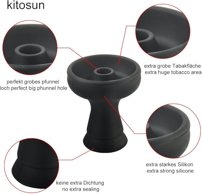 Silicone Hookah Bowl - Kitosun Silicone Phunnel Bowl with Big Hole - Durable Shisha Bowl Black Color - Right Replacement for Clay&Ceramic Bowls 3.5" Tall