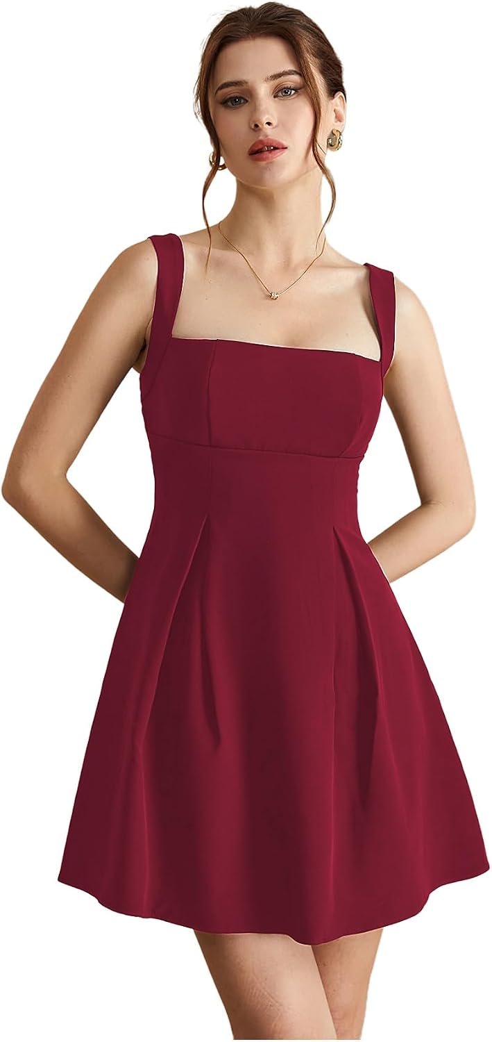 winkbay Women's Square Neck Mini Dress Sleeveless Flared A Line High Waist Elegant Flowy Dresses