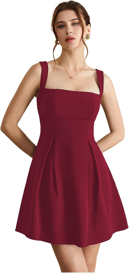 winkbay Women's Square Neck Mini Dress Sleeveless Flared A Line High Waist Elegant Flowy Dresses