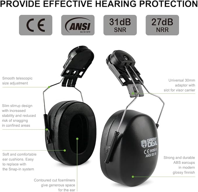 GREEN DEVIL Hearing Protection Noise Cancelling Ear Muffs NRR 28dB Ear Protection For Shooting Gun Range Construction Adult