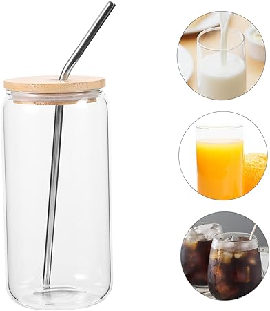 1set Glass Cup with Bamboo Lid and Stainless Steel Straw Design Tumbler for Juice Milk for Home Cafes and Parties