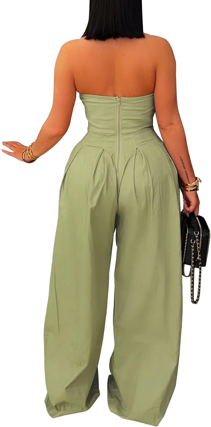 BOKITECAO Womens Cargo Jumpsuit Sexy Strapless One Piece Outfit Off Shoulder Top Ruched Wide Leg Rompers Overalls.