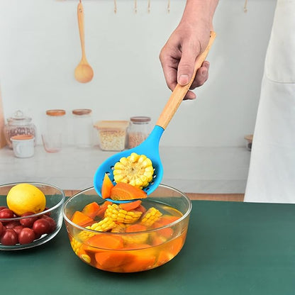 Non-Stick Silicone Kitchen Utensils,Cooking Strainer Wooden Handle Colander Spoon Skimmer Strainer BPA Free for Baking & Serving light cyan 12.68" x 3.78"