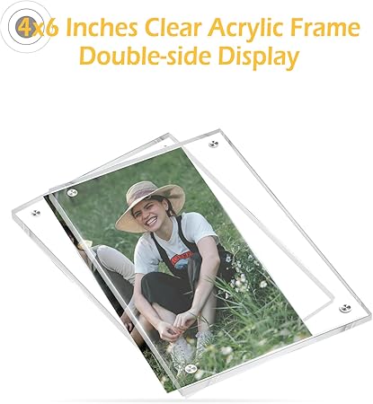 4x6 Magnetic Acrylic Picture Frame with Base, Both Horizontal Vertical or Slant Back Display, Double Sided Clear Photo Frame, Frameless Lucite Frames