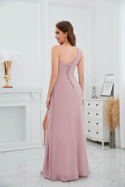 Bolodoo One Shoulder Bridesmaid Dresses for Women Ruched Chiffon A Line Evening Formal Gown with Slit .