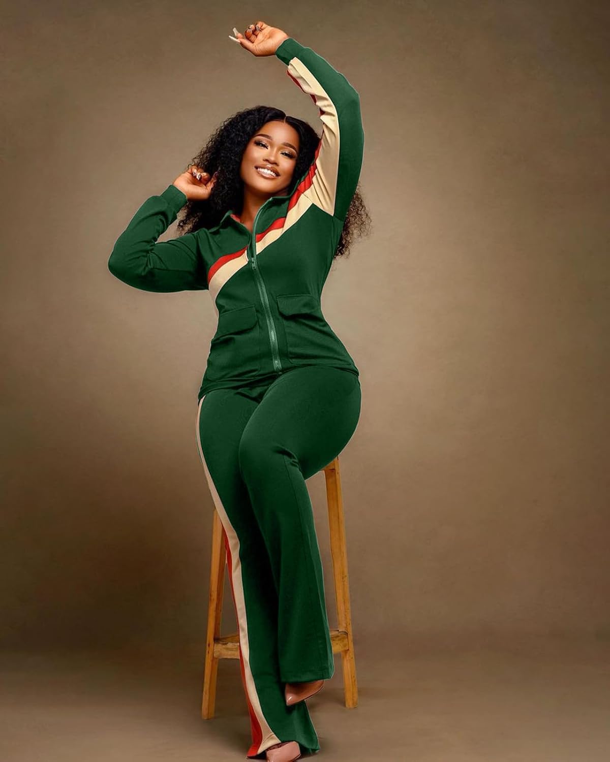 2Piece Outfits for Women Long Sleeve Striped Zipup Jacket Wide Leg Long Pant Retro Tracksuit Sport Set Wine Red