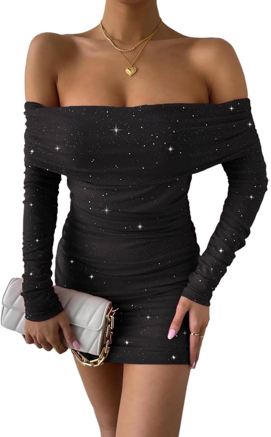 Joyfunear Women's Sexy Sparkly Glitter Off The Shoulder Long Sleeve Bodycon Ruched Cocktail Party Outfit Mini Dress .