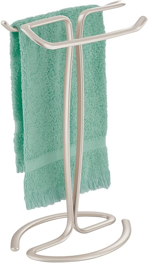 iDesign Axis Metal Hand Towel Holder for Master Bathroom, Vanities, Countertops, Kitchen, Holds 2 Finger Tip Towels, Satin