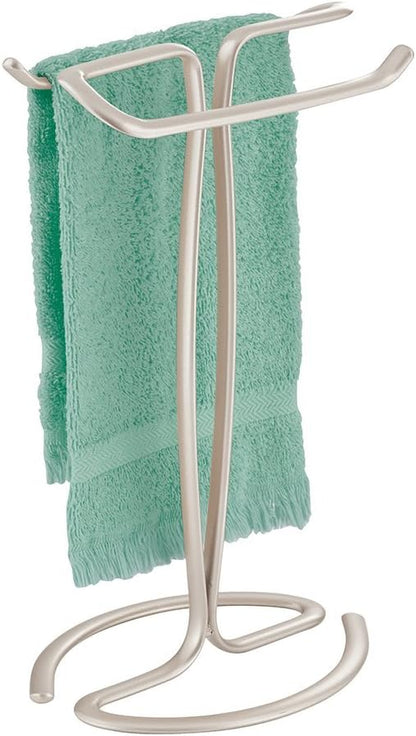 iDesign Axis Metal Hand Towel Holder for Master Bathroom, Vanities, Countertops, Kitchen, Holds 2 Finger Tip Towels, Satin