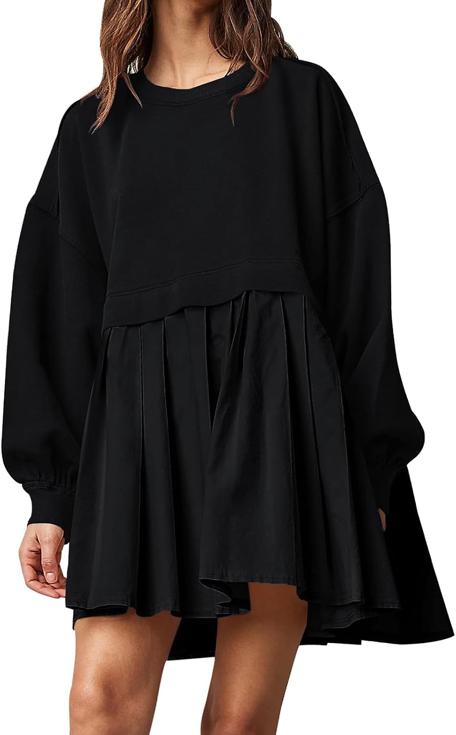 Dokuritu Sweatshirt Dress Women Crew Neck Long Sleeve Patchwork Pullover Tops Flowy Oversized Sweatshirt Mini Dress .