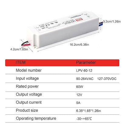 12V 60W Waterproof LED Driver & LPV-60-12 Power Adapter | IP67 Fanless Converter for LED Strips, CCTV, IoT Devices | 90-264VAC Input