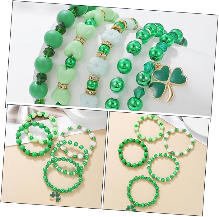 Garneck 5Pcs St Patrick's Day Jewelry Set - Green Beaded Stretch Bracelets with Shamrock Charms - Accessories for Celebrations Parties and Holiday Festivities