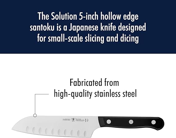 HENCKELS Solution Razor-Sharp Hollow Edge Santoku Knife 5.5 inch, German Engineered Informed by 100 Years of Mastery, BlackStainless Steel