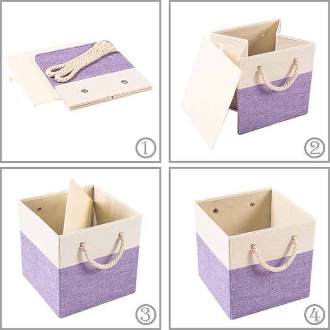 PRANDOM Large Foldable Cube Storage Bins 11x11 inch 4-Pack Fabric Linen Storage Baskets Cubes Drawer with Cotton Handles Organizer for Shelves Nursery Closet Bedroom Purple