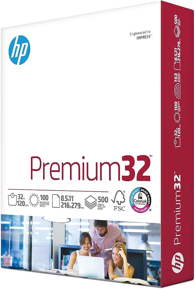 HP Paper Printer | 8.5 x 11 Paper | Premium 32 lb | 1 Ream - 500 Sheets | 100 Bright | Made in USA - FSC Certified | 113100