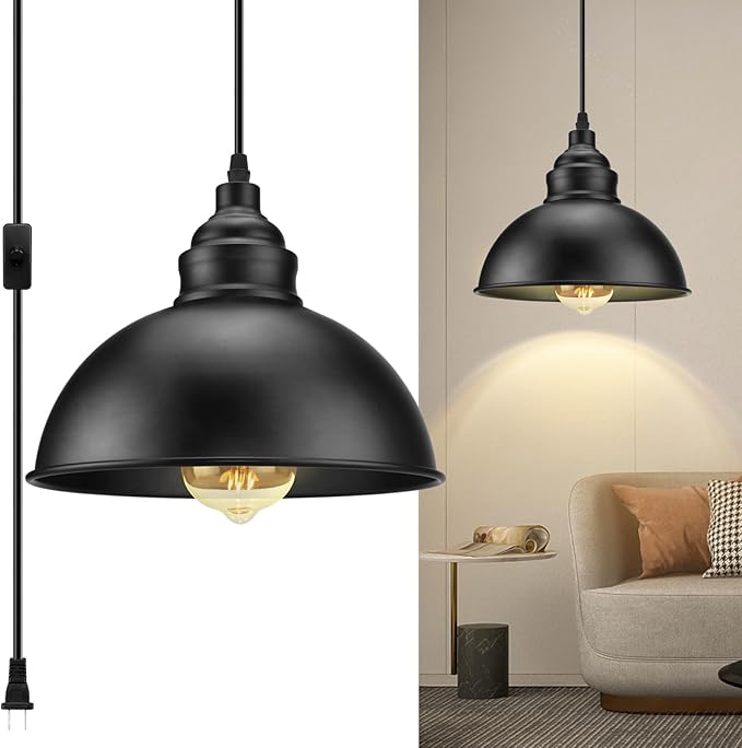 Plug in Pendant Light, 15FT Hanging Lights with Plug in Cord, OnOff Switch, Industrial Pendant Light with Plug in Cord, Metal Hanging Lamps for Living Room, Kitchen, Dining Room, Bedroom