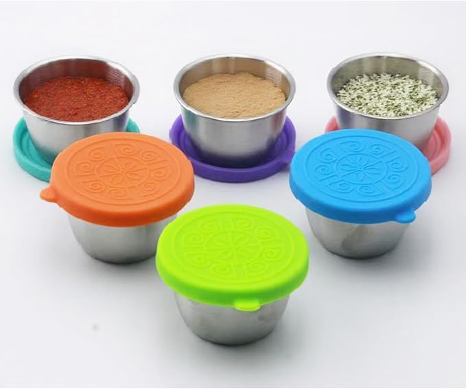 Stainless Steel Dipping Sauce Cups with Silicone Lids  6 Pack Reusable Salad Dressing Container To Go,Dip Containers, 2.4oz Leak-Proof Condiment Cups for Lunch Boxes, Meal Prep, and Travel