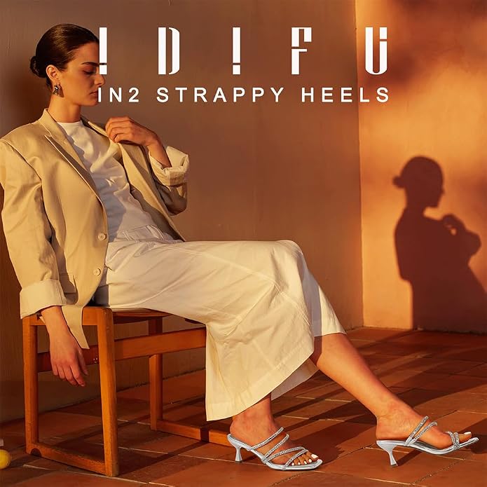 Size 11. IDIFU Rhinestone Heels Slip On Strappy Low Kitten Heels | Square Open Toe Low Heels Wedding Bridal Prom Party Dress Shoes for Women Comfortable Formal Sparkly Heeled Sandals