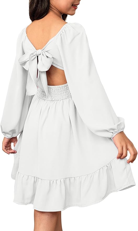blibean Girls Long Sleeve Tie Back Dress Tween Fall Off Shoulder Dress Size 6-15 Years
