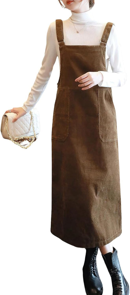 Womens Cute Corduroy Adjustable Strap Overall Dress fringe Pinafore Baggy Maxi Long Tank Dress