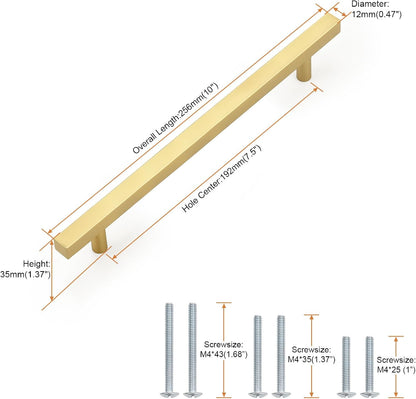 Probrico 3 Pack Hole Centers 7.5 Inch Brushed Brass Cabinet Handles Square T Bar Kitchen Cabinet Pulls Stainless Steel Polished Gold Dreser Drawer Pulls Total Length 10Inch