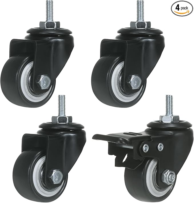 ZIIYAN 1.5 inch Stem Caster Wheels, Black Threaded Stem Caster Wheel?M6 x 15mm PU No Noise Swivel Castors with 360 Degree Rotation, Pack of 4 (One with Brake)