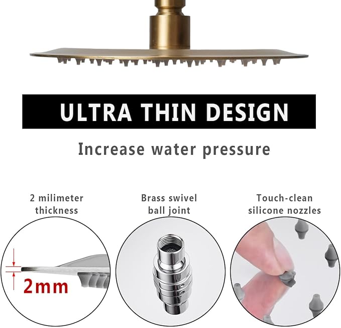 8 Inch Rain Shower Head, BSTIIU High Flow Stainless Steel Round Rainfall ShowerHead, High Pressure Overhead Shower Heads, Wall  Ceiling Mount Ultra Thin Stainless Steel Shower Head, Brushed Gold