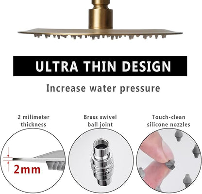 8 Inch Rain Shower Head, BSTIIU High Flow Stainless Steel Round Rainfall ShowerHead, High Pressure Overhead Shower Heads, Wall  Ceiling Mount Ultra Thin Stainless Steel Shower Head, Brushed Gold