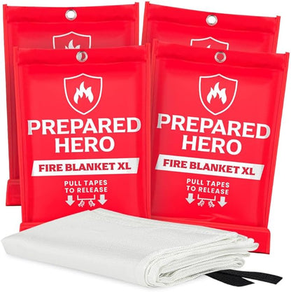 Prepared Hero Extra Large Emergency Fire Blanket - 4 Pack - Extra Large Fire Suppression Blanket for Kitchen, 47Au x 71Au XL Fire Blanket for Home, Fiberglass Fire Blanket, XL