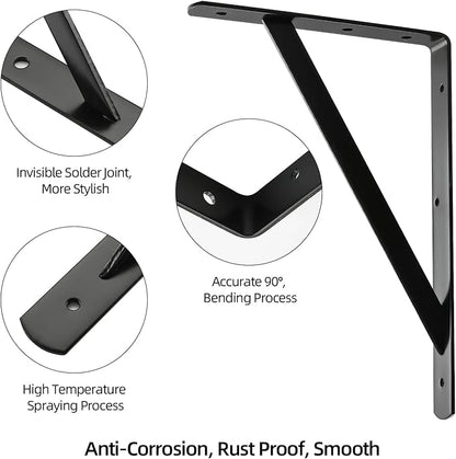 12"x 8" Heavy Duty Shelf Brackets, Load Capacity: 600 lb, 90 Degree Black Metal Supports for Shelves 2-Pack, Wall Mounted L Bracket for Floating Shelving with Screws, HOME MASTER HARDWARE