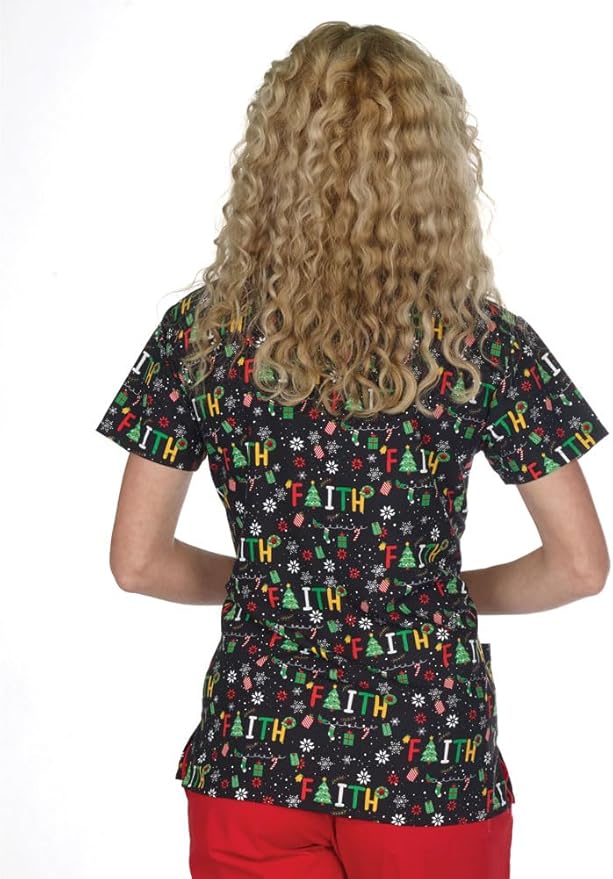 Women's Christmas Holiday V-Neck Scrub Top