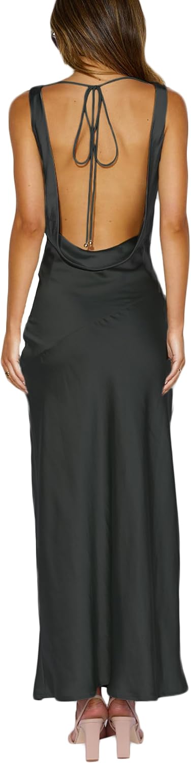 Women's 2026 Summer Satin Backless Elegant Dress for Wedding Guest Silk Sleeveless Cowl Neck Party Formal Maxi Dresses.