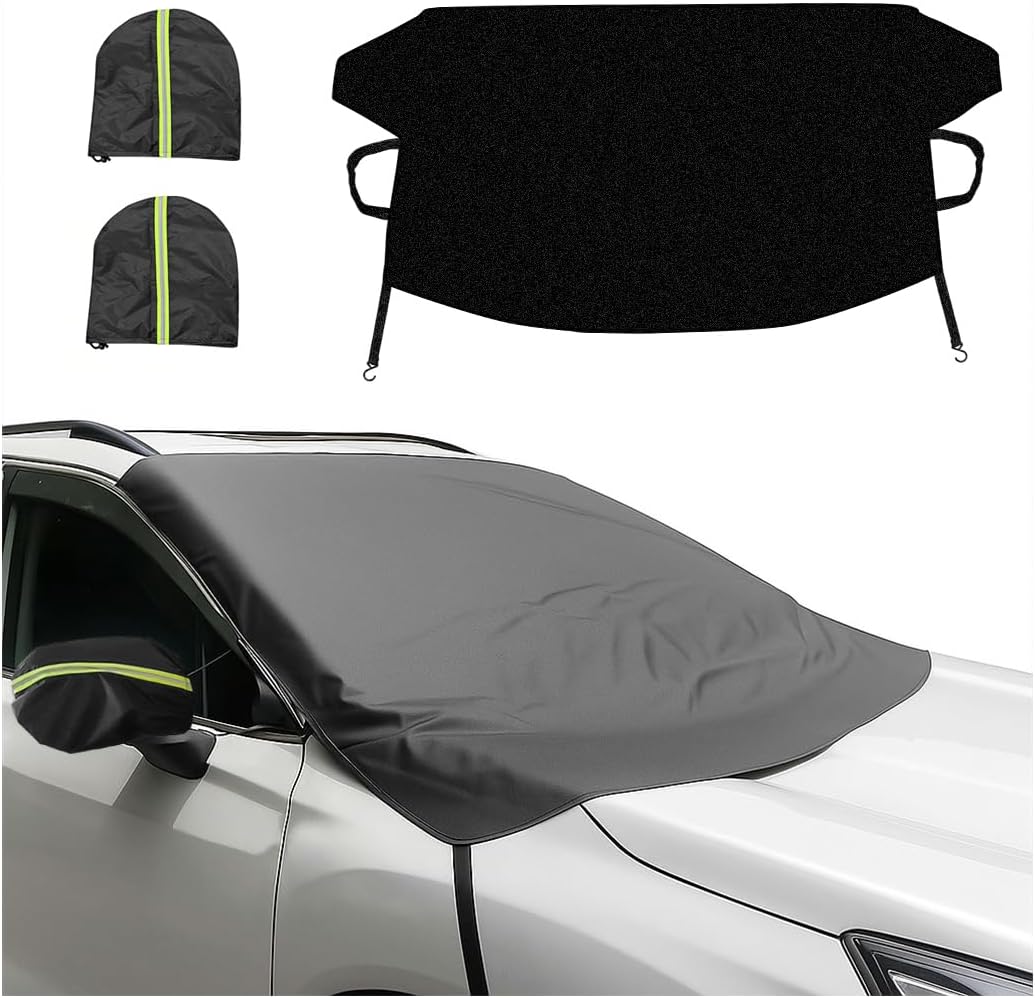 Car Windshield Snow Cover, 2 Layers Waterproof Windproof Oxford Fabric Windscreen Protection for Frost Ice Sunlight, All Weather Automotive Sun Shade Windshield Cover, Universal Fit