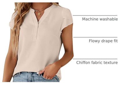 Blooming Jelly Women's Dressy Casual Tops Business Work Blouses White Button Down Shirts Cap Sleeve V Neck Tshirt