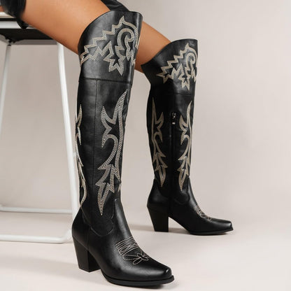 Cowboy Boots for Women Over the Knee Western Boots Embroidery Cowgirl Pull-On Pointy Toe & Wide - Retro Comfortable Walking Lightweight Running Standing All Day Trending Fashion Plus Size