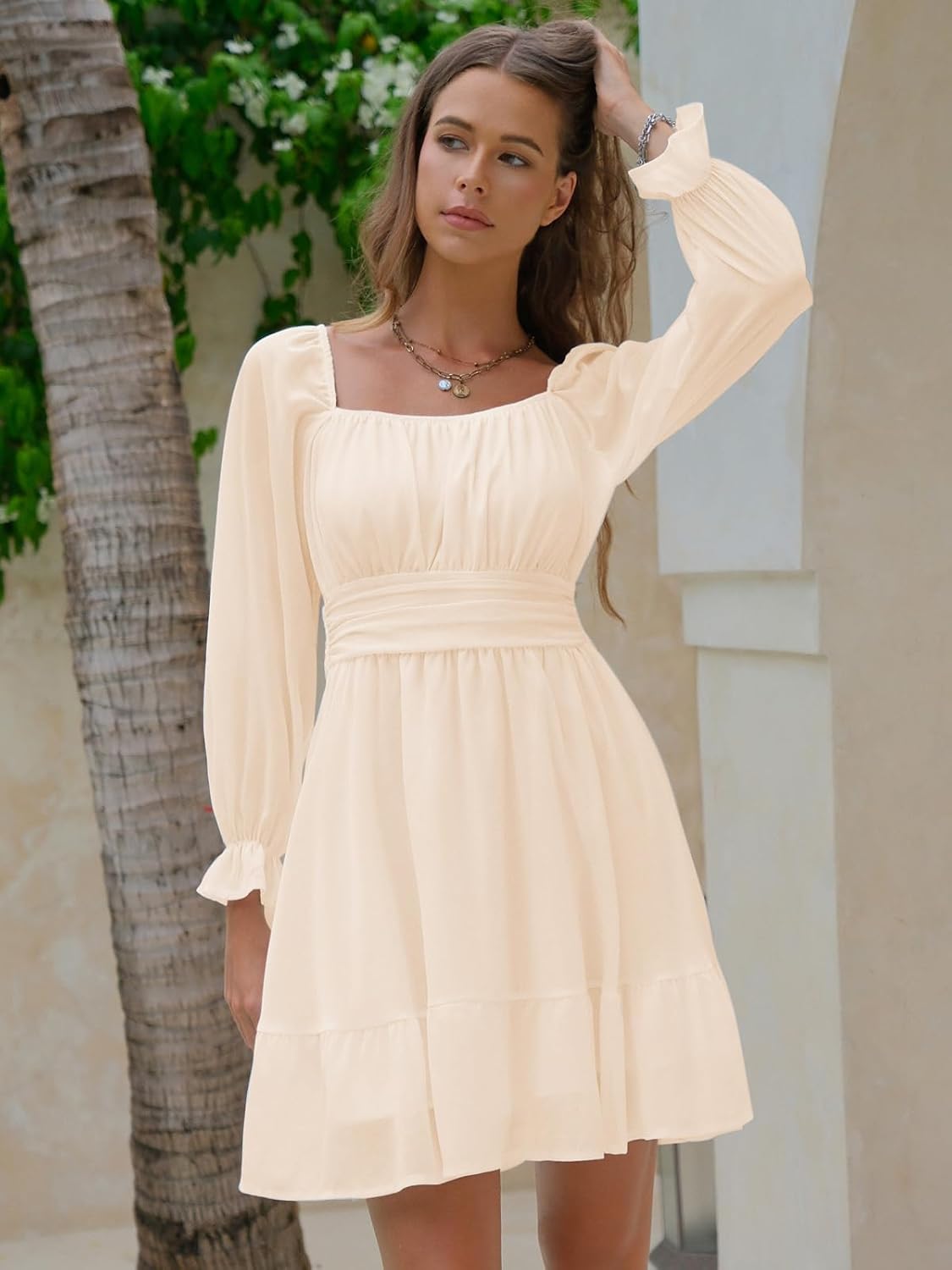 Yellow, Size Small EXLURA Women's 2026 Casual Long Lantern Sleeve Dresses Square Neck Ruffle Tie Back Elastic Waist Aline Short Mini Dress