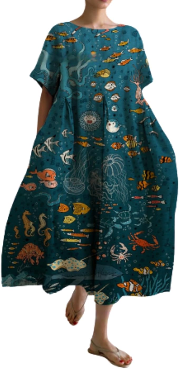 Summer Boho Maxi Dress for Women Short Sleeve Floral Flowy Oversized Loose Fit A-line Casual Beach Dresses