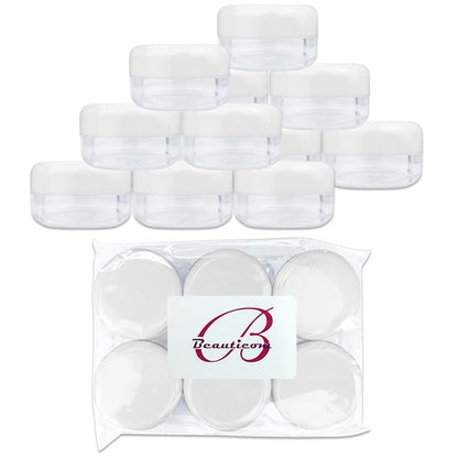 Beauticom 15 gram15ml Empty Clear Small Round Travel Container Jars with Lids for Make Up Powders, Eyeshadow Pigments, Lotions, Creams, Lip Balm, Lip Gloss, Samples (12 Pieces, White Lid)