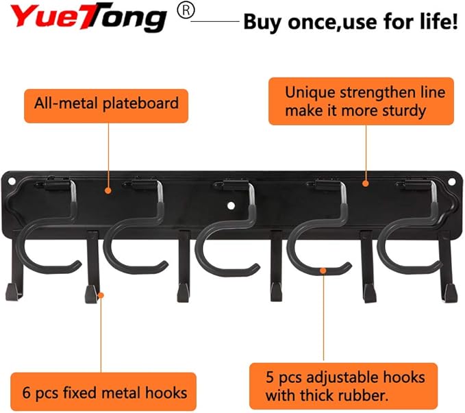 YueTong All Metal Garden Tool Organizer,Adjustable Garage Wall Organizers and Storage,Heavy Duty Wall Mount Holder with Hooks for Broom,Rake,Mop,Shovel.(1 Packe)