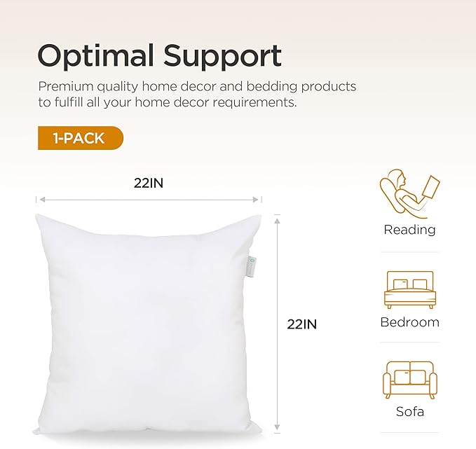 Acanva Throw Pillow Insert Premium Stuffer Sham Square Form for Decorative Cushion Bed Couch Sofa Chair, 22x22(1 Count), White