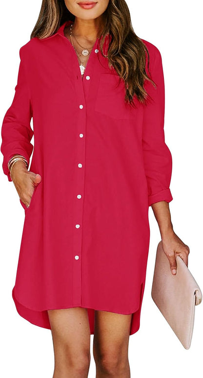 Womens Button Down Shirt Dresses with Pockets Cotton Button Up Tunics Long Sleeve Solid High Low Blouse Tops