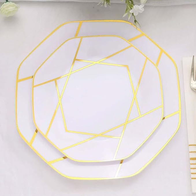 Efavormart 10 Pack | 8" White/Gold Geometric Design Plastic Dessert Plates, Disposable Octagon Salad/Appetizer Party Plates
