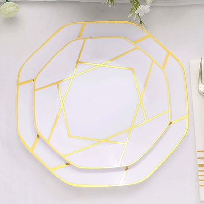Efavormart 10 Pack | 8" White/Gold Geometric Design Plastic Dessert Plates, Disposable Octagon Salad/Appetizer Party Plates