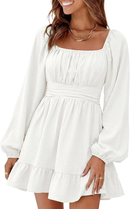 Womens Dress Long Lantern Sleeve Square Neck Tie Backless Sexy Dress Ruffle Elastic Waist A-Line Mini Dress