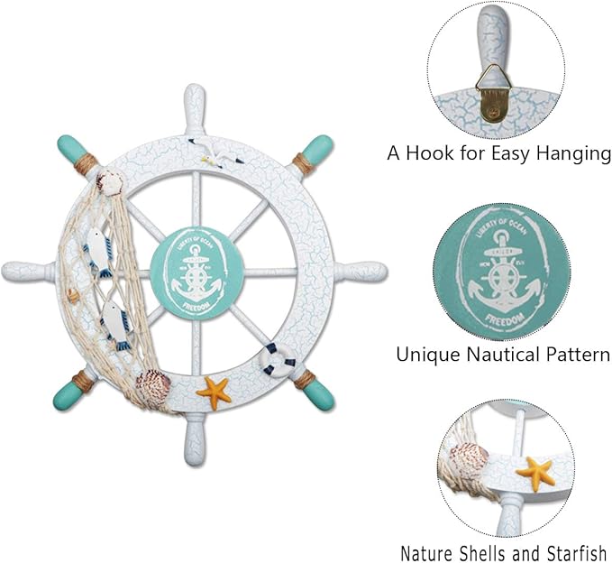 2 Pack 11" Nautical Beach Wooden Ship Wheel and 13" Wood Anchor with Rope Nautical Boat Steering Wheel Rudder Anchor Wall Decor Door Hanging Ornament Beach Theme Home Decoration(White&Green)